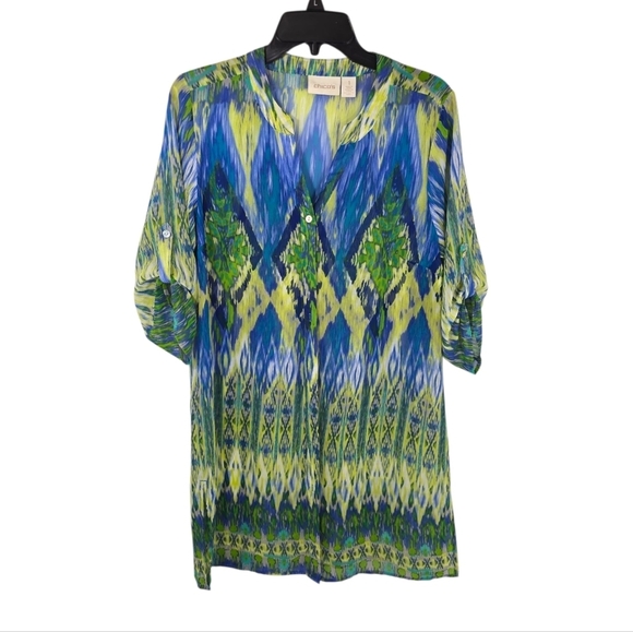 {Chico's} Multicolor Ikat Abstract Print Button-Down Tunic Blouse - Picture 3 of 12